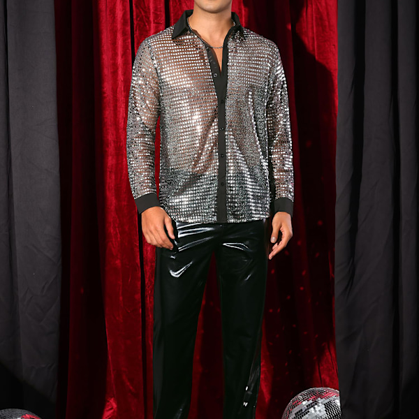 Metallisk Paljett Mesh Genomskinlig Skjorta Herr Långärmad Party Nattklubb 70-tals Disco Silver M
