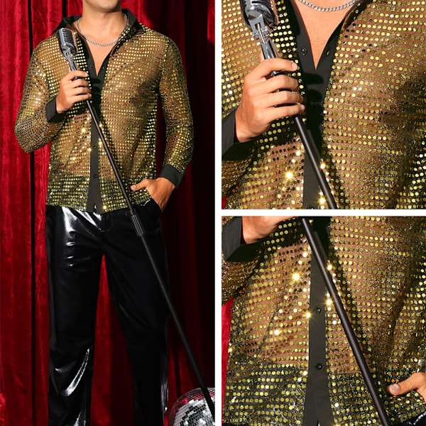 Metallisk Paljett Mesh Genomskinlig Skjorta Herr Långärmad Party Nattklubb 70-tals Disco Gold XL