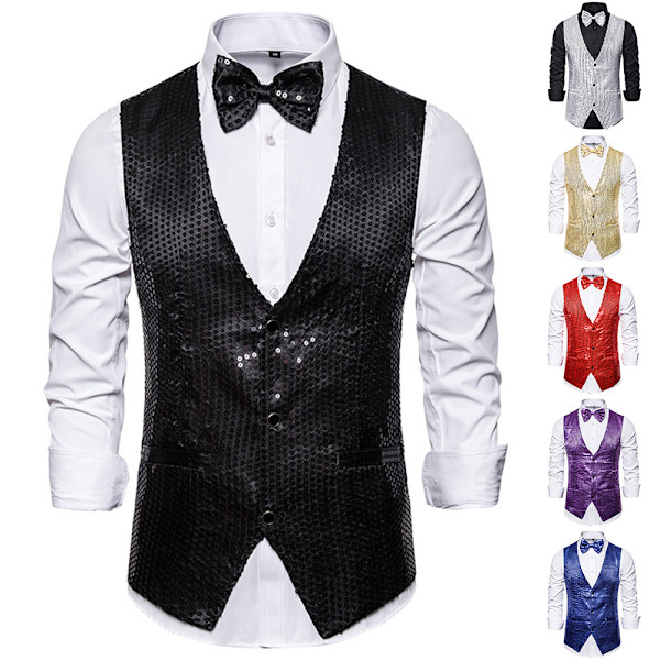 Miesten paljettiliivit + rusetti napillinen liivi glitterliivi bisnes tanssiaisasupuku Red 2XL