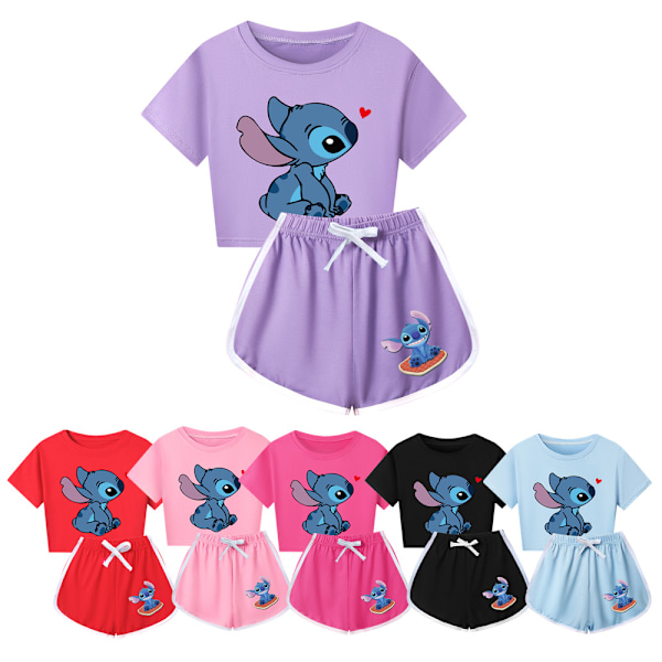 Barn Flickor Stitch Träningsdräkt Söt Tecknad Anime Kortärmad T-shirt + Shorts Set Casual Sportkläder Red 160cm