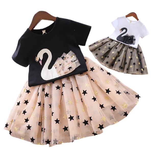 Kids Girl's Summer Swan kortärmad blus T-shirt mesh Tulle Tutu Kjol Set Black M