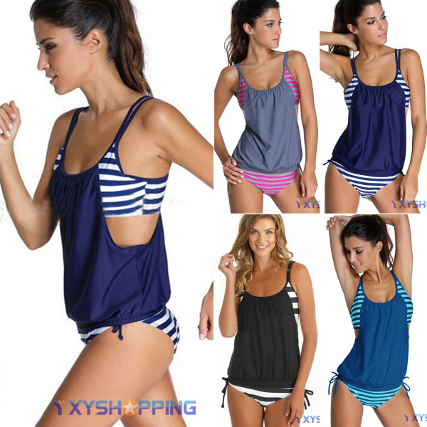 Dam Stiching Stripe Color block Bikini Swimsets Badkläder grey 2XL