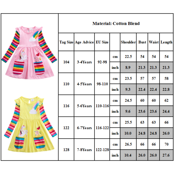 Kids Unicorn Dress Långärmad A-Line Rainbow Princess Dresses Pink 4-5 Years