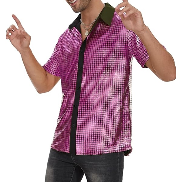 Herreknapper Disco Skjorte Retro 70-talls Paljett Metallisk Kort Ermet Partykostyme Purple M