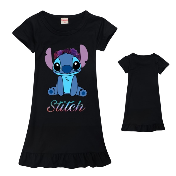 Stitch Nattlinne för Flickor, Kortärmad Nattklänning Pyjamas Black 130cm