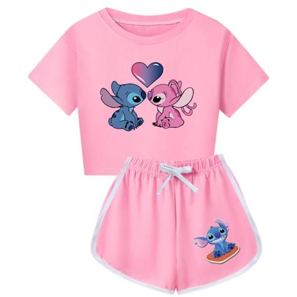 Lasten tyttöjen Stitch-verryttelypuku Söpö sarjakuva-anime lyhythihainen T-paita + shortsit Setti Rento urheiluasu Pink 140cm
