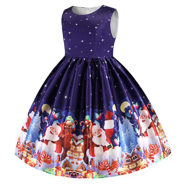 Girl Christmas Cartoon Santa ärmlös Prom Long Dress Costume Royal blue 150cm