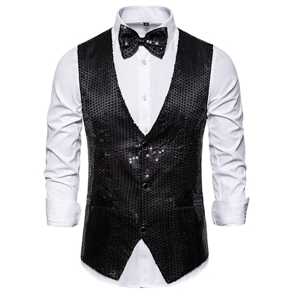 Miesten paljettiliivit + rusetti napillinen liivi glitterliivi bisnes tanssiaisasupuku Black M
