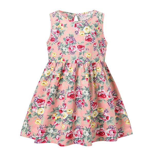 Flickor Sommarklänning Blommig Ärmlös Prinsessklänning Sommar Vardaglig Semester Klänning Pink 90cm