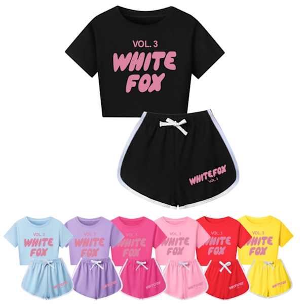 Flickor \"WHITE FOX\" Tryckt Träningsset med Bokstäver Söt Tecknad Anime Kortärmad T-shirt + Shorts Set Vardagliga Sportkläder Light Blue 140cm