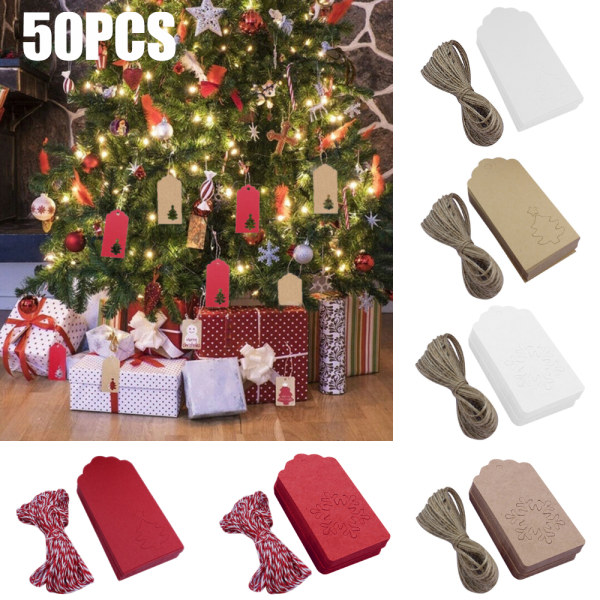 50 Styck Julgran Hängande Kraftpapper Presentetiketter Kortrep Snow Red 50PCS