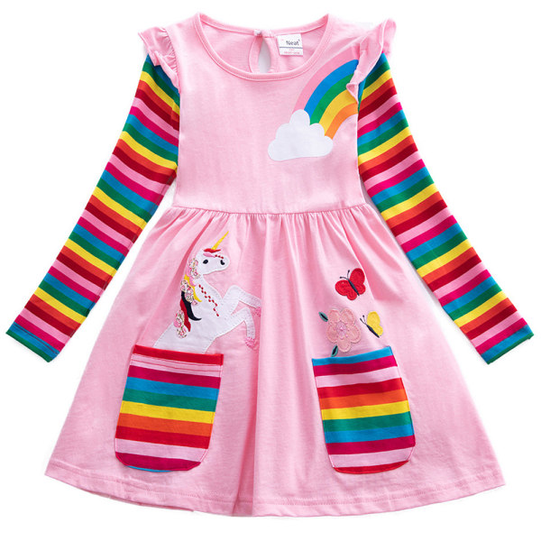 Kids Unicorn Dress Långärmad A-Line Rainbow Princess Dresses Pink 4-5 Years