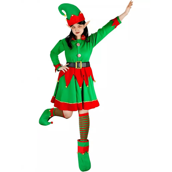 Jultomtekostym för kvinnor, Jultomtens Hjälpare Kostym, Elfklänning för Vuxna med Tomteluva, Skor och Strumpor M