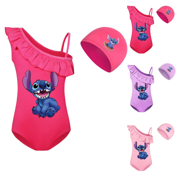 Lilo & Stitch Tryckt Barnflickor Monokini Baddräkt & Badmössa Kostym Surf Strandkläder Sommar En Delad Rose Red 160cm
