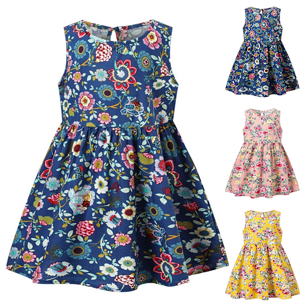 Flickor Sommarklänning Blommig Ärmlös Prinsessklänning Sommar Vardaglig Semester Klänning Yellow 110cm