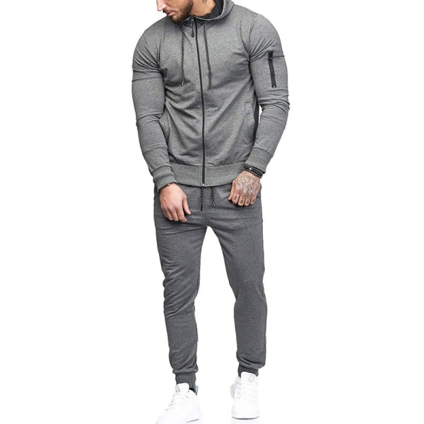 Män Solid Tracksuit Set Hoodie Jogging Sport Topp Byxor Dräkt Grey M