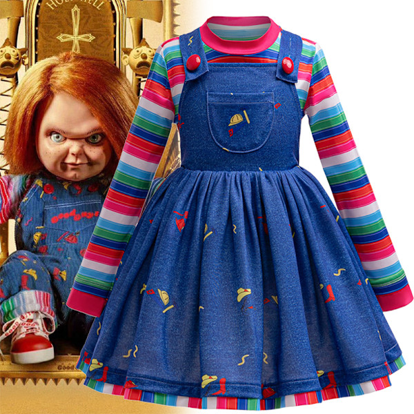 Barn Chucky Halloween Kostym Pojkar Flickor Blå Blommig Overaller Randig Topp Klänning Cosplay Outfit 110cm