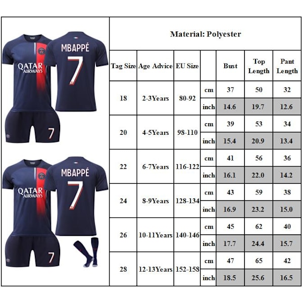 Fotbollströja Barn Kit #7 Mbappé Fotbollsdräkter Pojkar Träningsdräkt 26