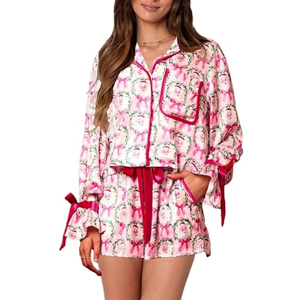 Naisten 2-osainen joulupyjamasetti rusettisolmiolla, pitkähihainen paita, röyhelöshortsit, värikäs joulupukkikuvioinen pyjamasetti, joululahjat Rose Red M