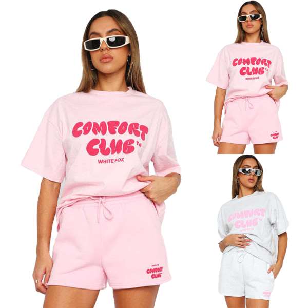 Vit räv dam sommar casual tracksuit kortärmad topp och shorts sport set utomhusträning t-shirts shorts sportkläder Pink S