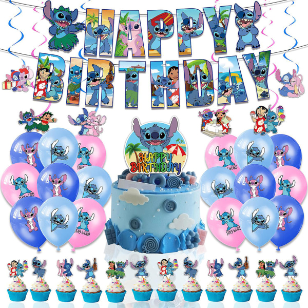 Stitch Party Dekor Födelsedagsballonger Kit Banner Cake Toppers Set