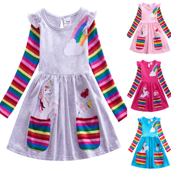 Kids Unicorn Dress Långärmad A-Line Rainbow Princess Dresses Pink 4-5 Years