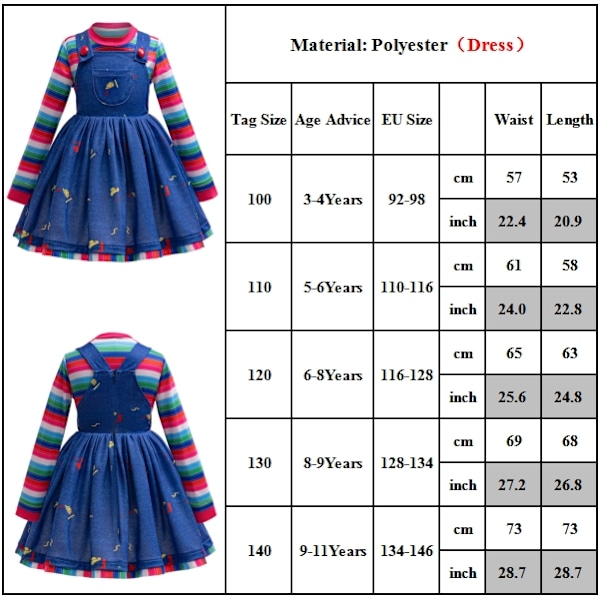 Barn Chucky Halloween Kostym Pojkar Flickor Blå Blommig Overaller Randig Topp Klänning Cosplay Outfit 140cm