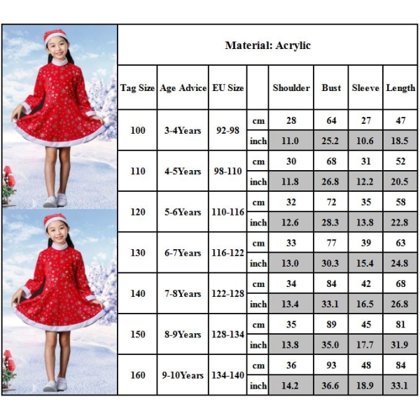 Flickor Mrs. Santa Claus Kostym Röd Klänning Jul Outfits + Hatt Girls 140CM