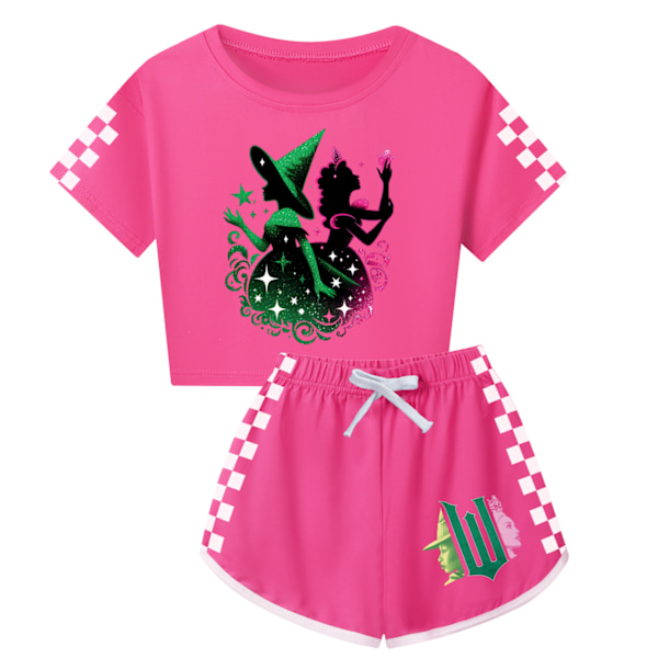 Flickor Häxa Tryck Träningsdräkt Söt Tecknad Anime Kortärmad T-shirt + Shorts Set Vardaglig Sport Outfit Kläder Rose Red 130cm
