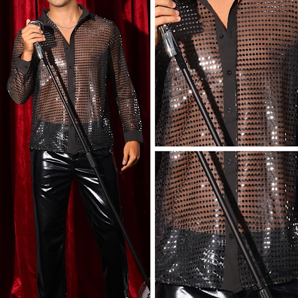 Metallisk Paljett Mesh Genomskinlig Skjorta Herr Långärmad Party Nattklubb 70-tals Disco Black L