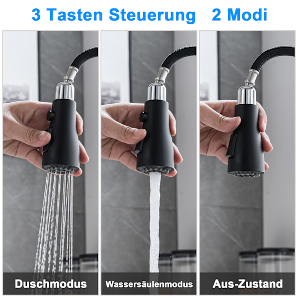 Køkkenarmaturer, 3 knapper 2 tilstande, 360° drejelig, rustfrit stål Black