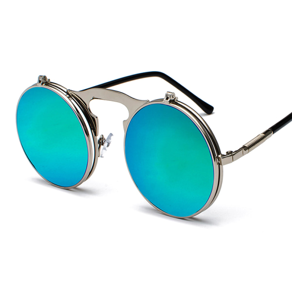 Unisex Solglasögon i Metall med Uppfällbara Linser Runda Ögon Silver Frame Blue Lenses 1pair