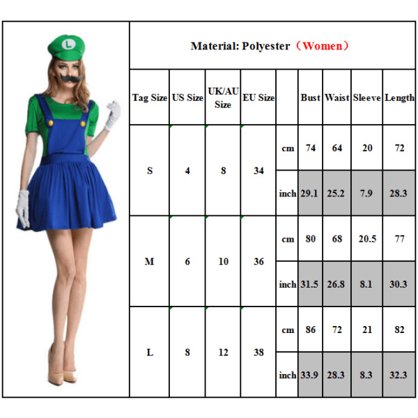 Super Mario Cosplay Cosplay-kostym, snyggt set för set för barn women-green S