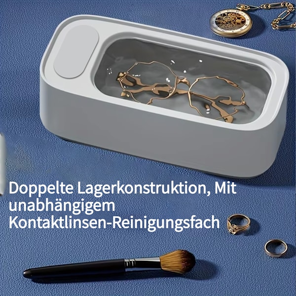 [Udsalg] 3-Mode Dobbelt Kammer Brillerensningsmaskine m. højfrekvent vibration, 15w & USB genopladelig bærbar smykkerensningsmaskine Silver Grey