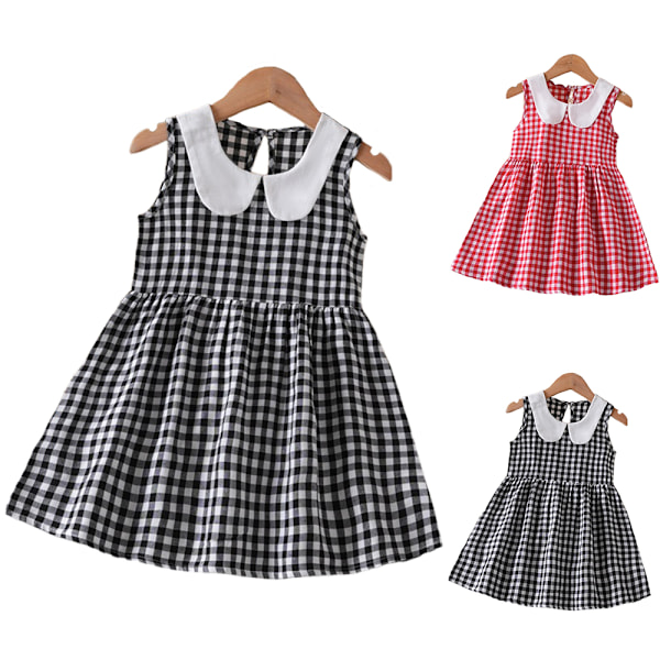 Flickor Småbarn Rutig Klänning Ärmlös Dockkrage Prinsessa Swing Sommarklänning Red 100cm
