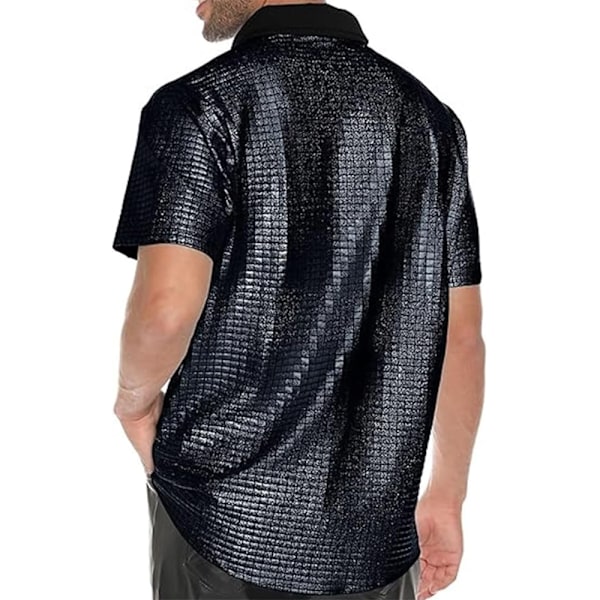 Miesten napillinen diskopaita retro 70-luku paljeteilla metallinhohtoinen lyhythihainen juhlapuku Black 2XL