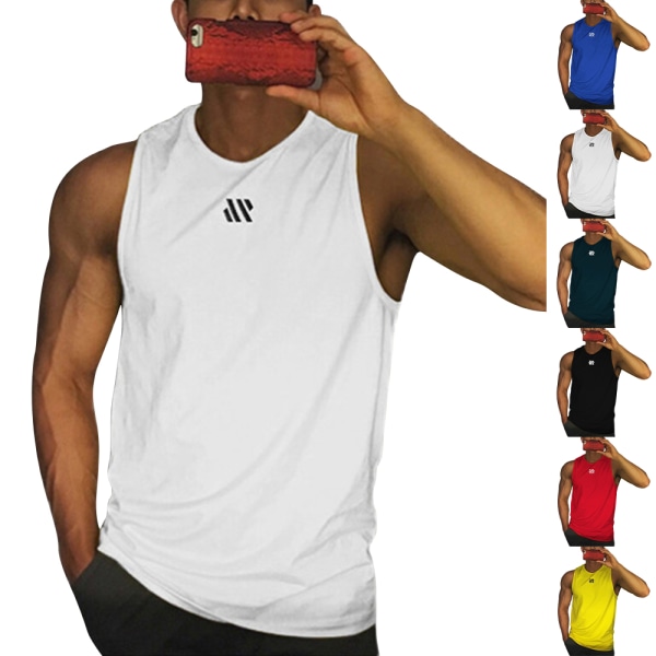 Fitness gym tank tops för män, ärmlösa muskelshirts, atletiska träningströjor med torr passform White L