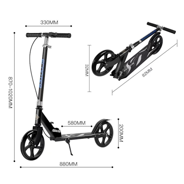 Foldbar Løbehjul Løbebånd Dobbeltbremser For og Bag, med Beskyttelsesplader, Højdejusterbar, til Børn og Teenagere, op til 80 kg