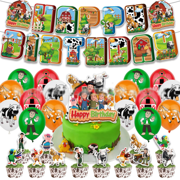 Farm Animal Cow Födelsedagsfest Banner Cake Toppers Ballonger Supply Decor Kit