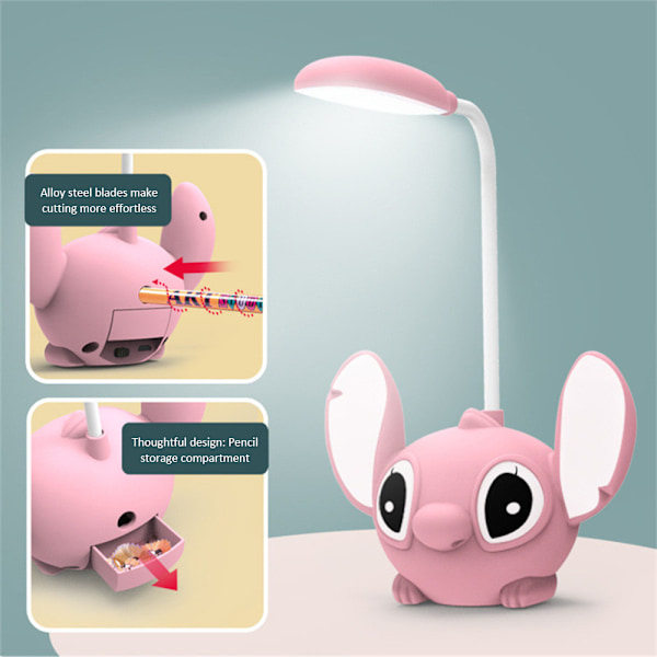Sød Lilo & Stitch Foldbar LED Skrivebordslampe med Blyantspidser - USB Genopladeligt Lys - Perfekt Gave fra Klassekammerater Pink