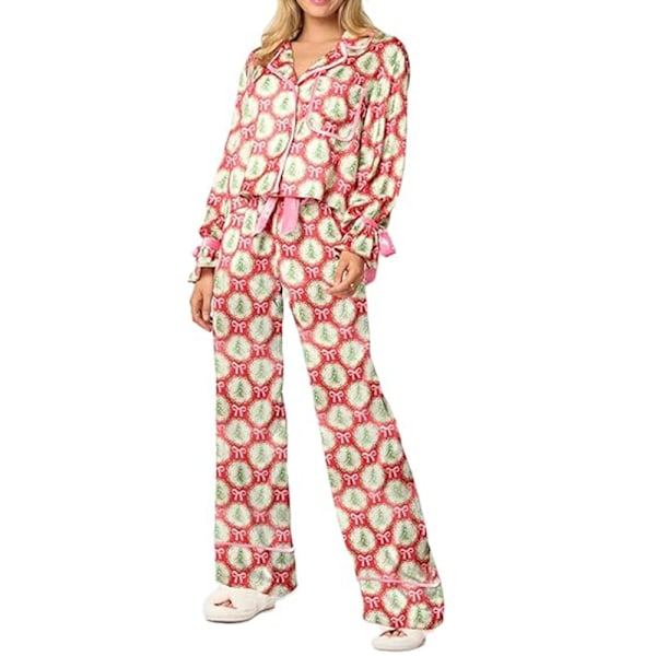 Julpyjamas Dam Pyjamasset Julpyjamas För Kvinnor Fluga Långärmad Skjorta Byxor Satin Siden Rolig 2-Dels Set Sovkläder Lounge Set B S