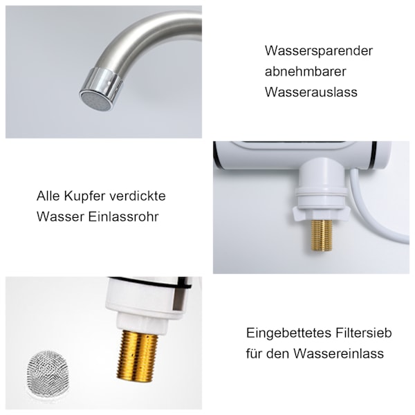 Elektrisk vandhane med temperaturindikator i rustfrit stål, 360° drejelig, husholdning, digitalt display, 3-sekunders opvarmning