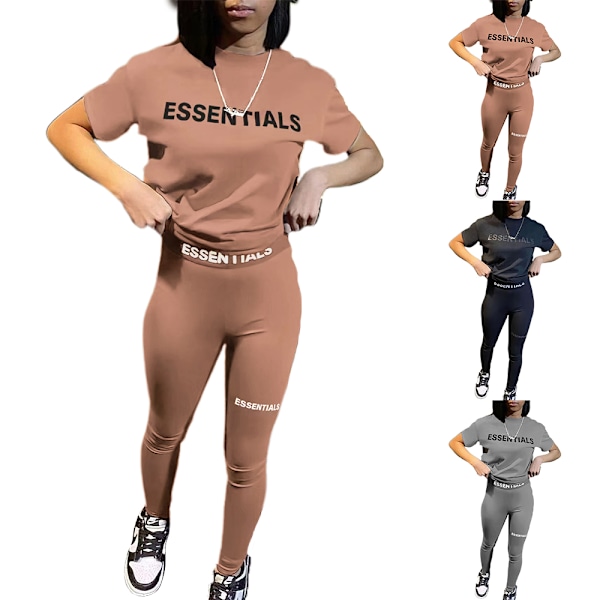 Avslappnad träningskläder i två delar för kvinnor, träningsset med kortärmad t-shirt + elastiska byxor med hög midja, streetwear Grey S