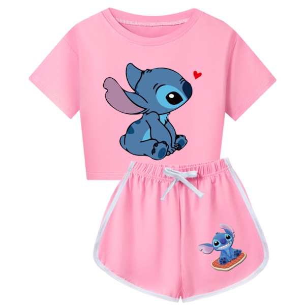 Barn Flickor Stitch Träningsdräkt Söt Tecknad Anime Kortärmad T-shirt + Shorts Set Casual Sportkläder Pink 130cm