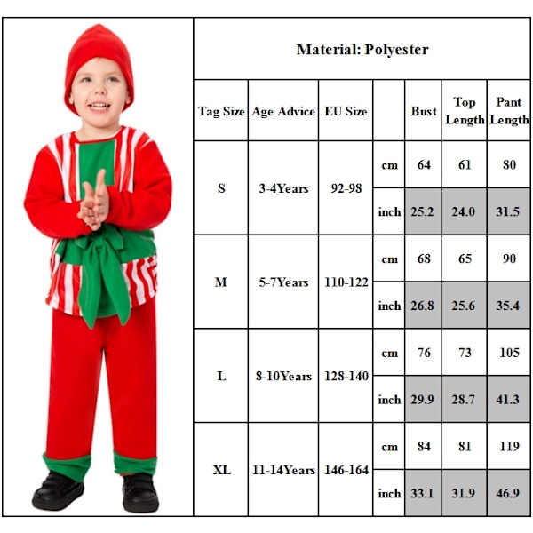 Juldräkt för barn - Söt rosett, randig topp, hatt och byxor, 3 delar, rolig presentaskformad cosplaydräkt för pojkar och flickor 3-14 år L