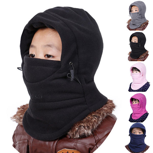 Vintervindtät Hatt för Barn, Skidmask & Halsöverdrag, Tjock & Varm Black