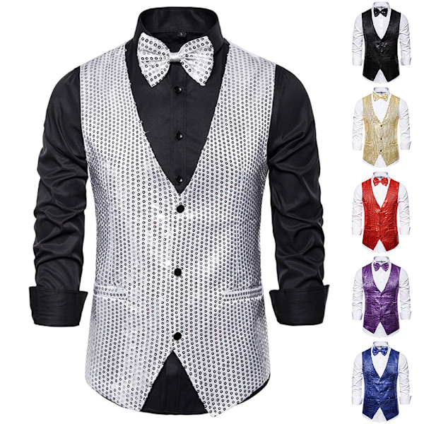 Paljettväst för män + Fluga Knappväst Glitter Väst Business Dansfest Kostym Black XL