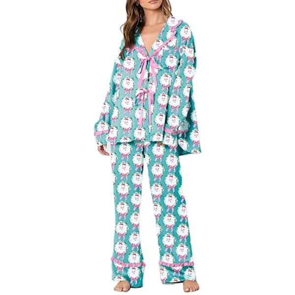 Julpyjamas Dam Pyjamasset Julpyjamas För Kvinnor Fluga Långärmad Skjorta Byxor Satin Siden Rolig 2-Dels Set Sovkläder Lounge Set D S