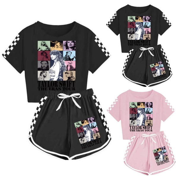 Taylor Swift Barn Flickor Casual Träningsoverall Set Kortärmad T-shirt Top Shorts Sommar Sport Outfit Födelsedagspresent Pink 130cm