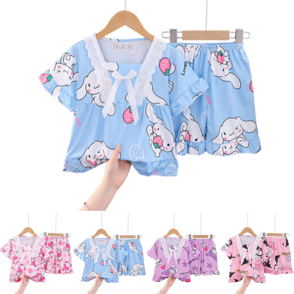 2-pack Sanrio Kuromi Pyjamas för flickor och pojkar, kortärmad tröja och byxor, sovkläder, hemkläder D 7-9Years